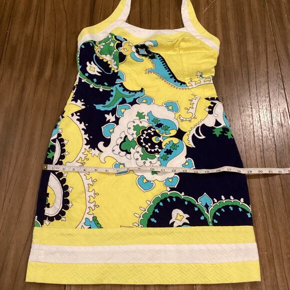 Muse yellow blue halter retro Floral Tropical Halter waffle cotton Dress Size 6 - Picture 4 of 10